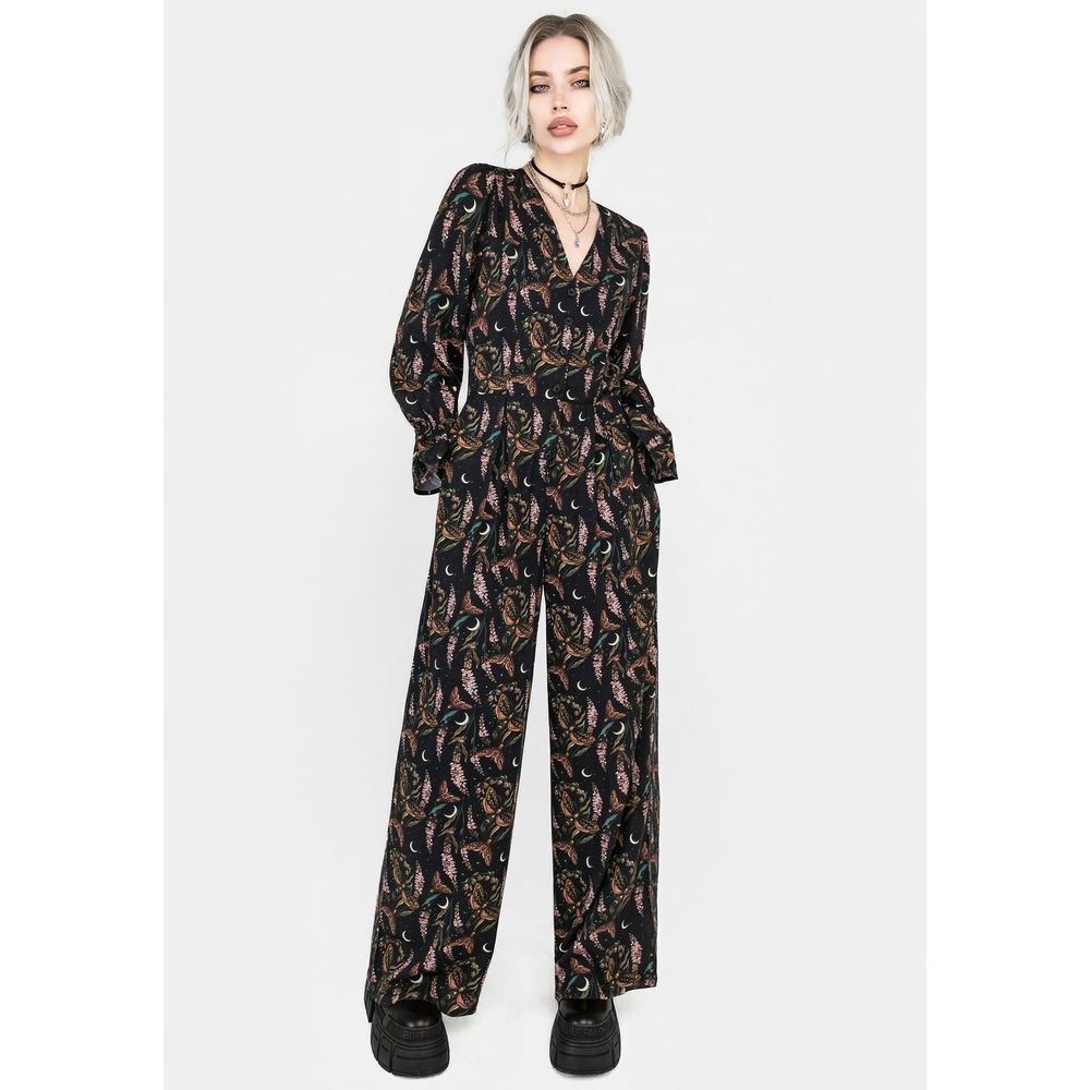 NEW Disturbia Atropos Long Sleeve Jumpsuit Size 4 moth floral moon bell cuffs